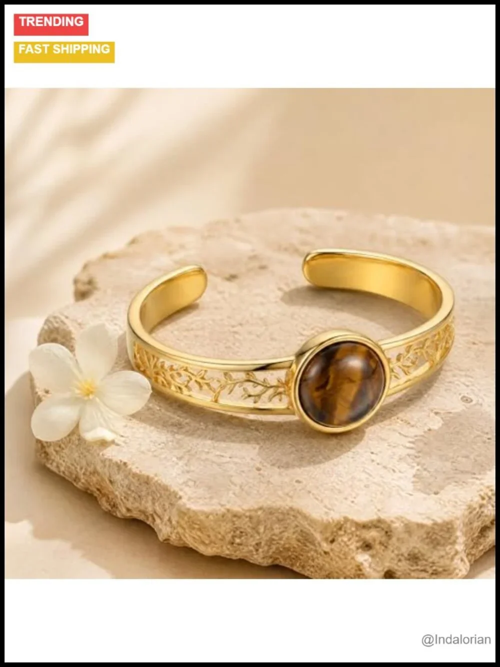 Tiger Eye Tree of Life Cuff Bracelet 14k Gold Plated Open Bangle